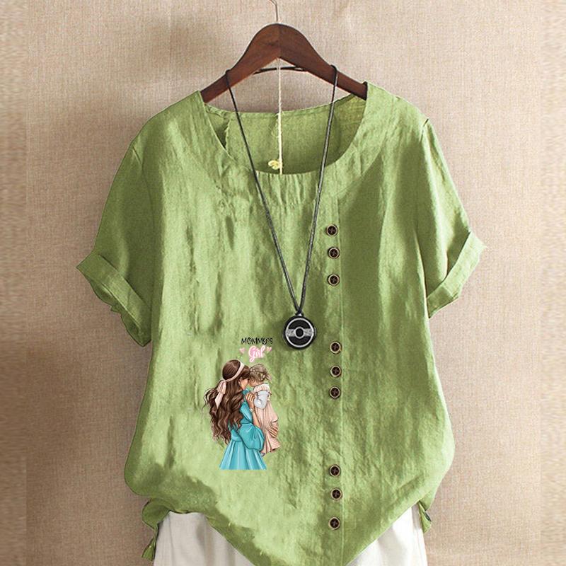 

Женская модная футболка с круглым вырезом и коротким рукавом, повседневная хлопково-льняная рубашка с рисунком, свободная свободная летняя блузка с милым принтом для отдыха, топы 5XL зелёный
