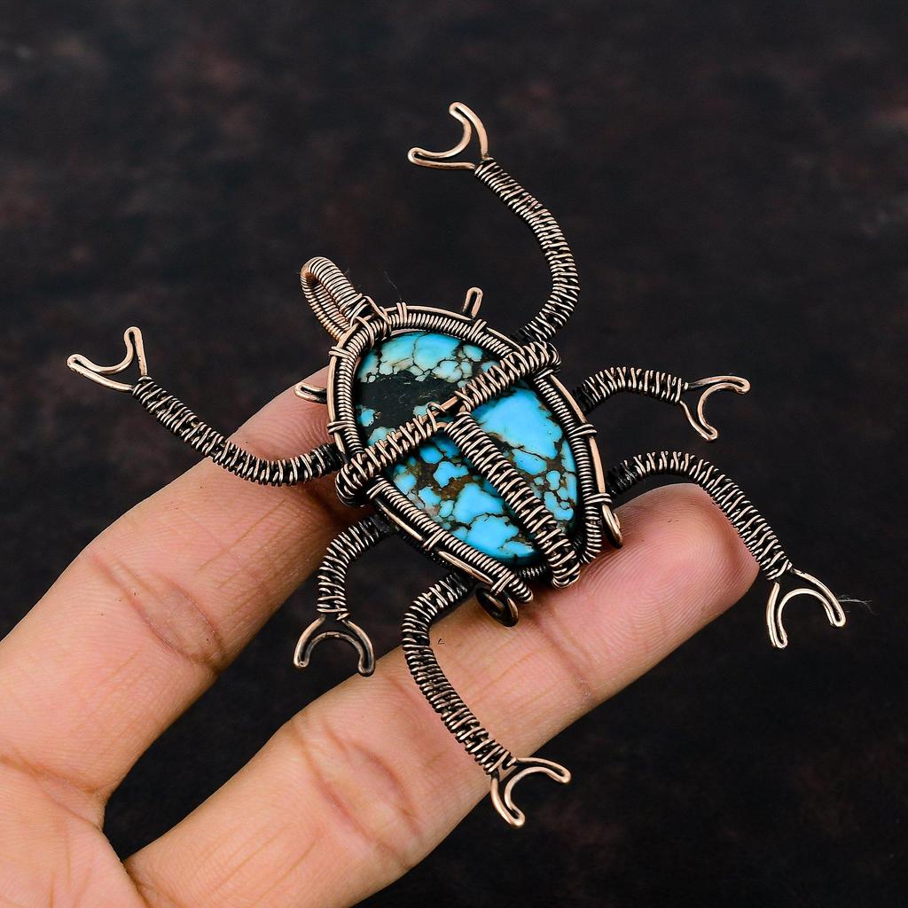 Tibetan Turquoise Pendant Copper Wire Wrapped Pendants Genuine Gemstone Pendant Copper Wire Jewelry Handmade Pendant Beetle Pendant For Gift