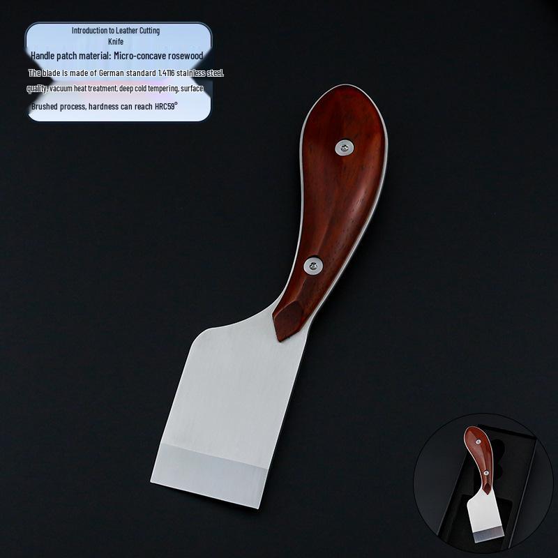 Hand-Push Leather Cutting Knife: Yellow Sandalwood Handle, Flat & Angled Blade, Ideal for DIY Leather Work, Sharp Blade Edge.
