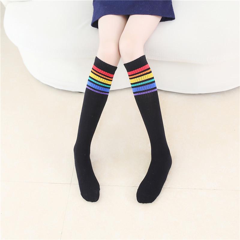 Korean Rainbow Striped Girls  Knee-High Cotton Socks, Spring/Autumn Collection Adult Short (35-39) чёрный