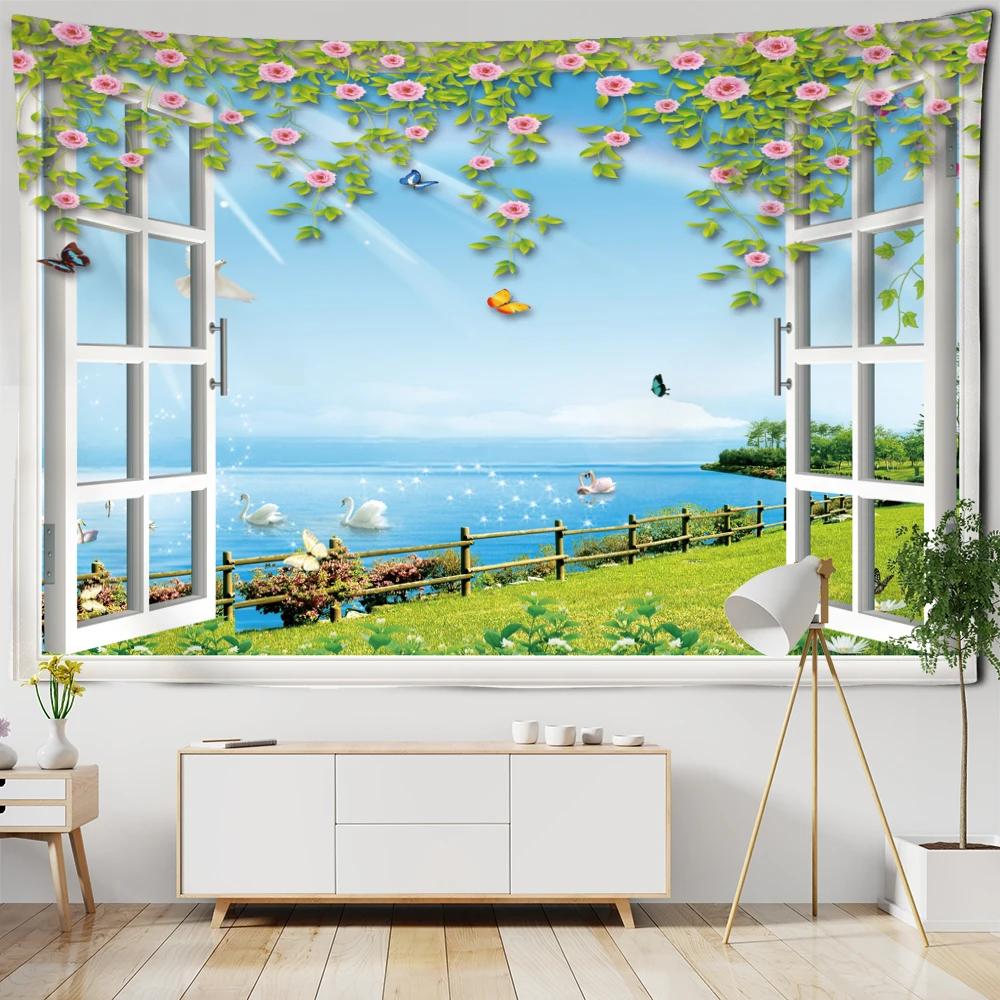 Imitation Window Landscape Painting Tapestry Wall Hanging Bohemian Natural Scenery Hippie Living Room Home Decor
