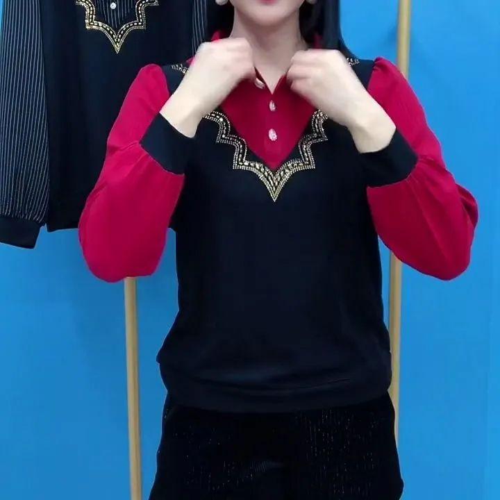 Autumn Winter New Fashion Patchwork Fake Two-piece Top for Women's Striped Long Sleeved Blouse Lapel Hot Diamond Bottoming Shirt