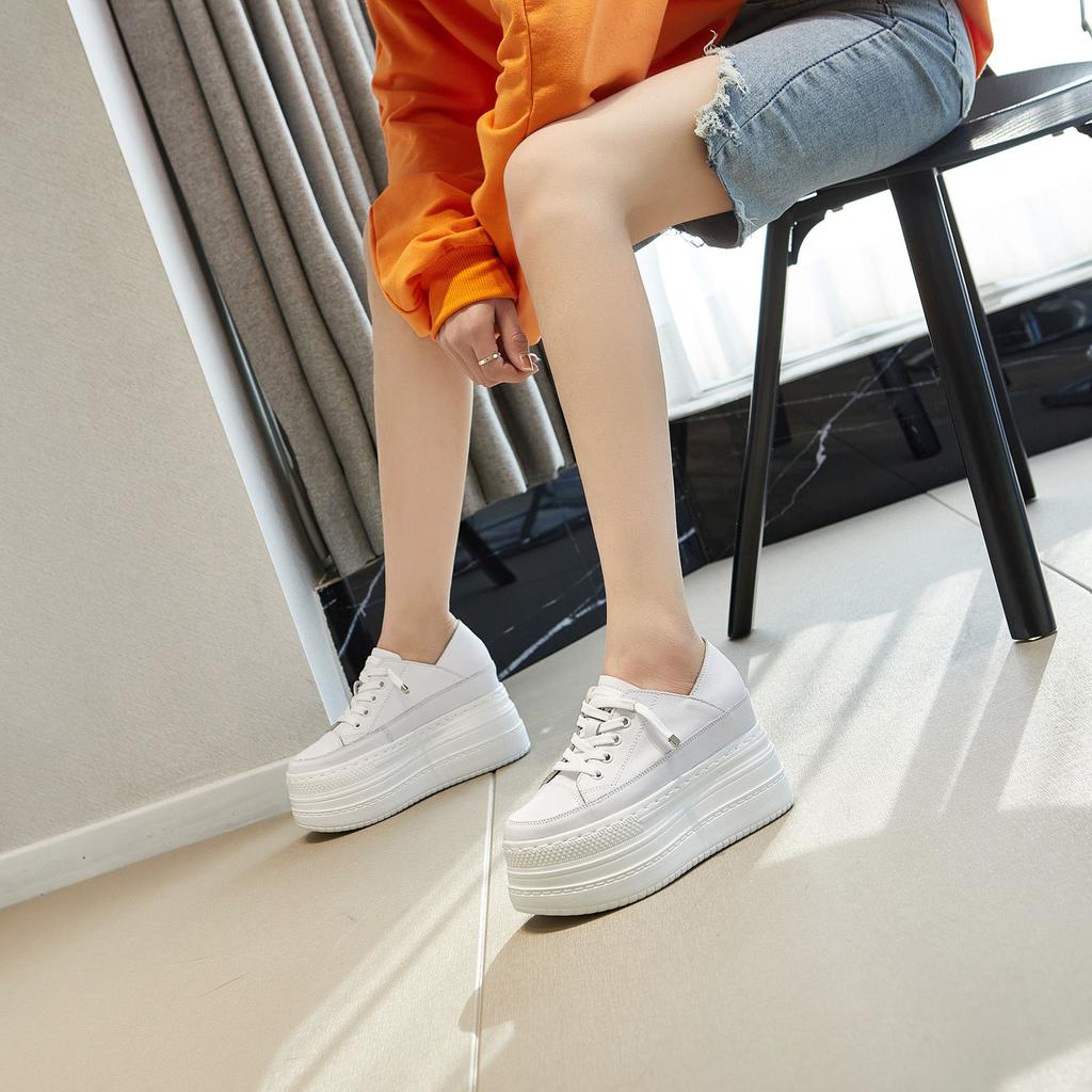 Fashion 9CM Genuine Leather Women Spring Summer Shoes Platform Sneakers Wedge High Heel Women Casual Shoes Fashion Sneakers Slippers