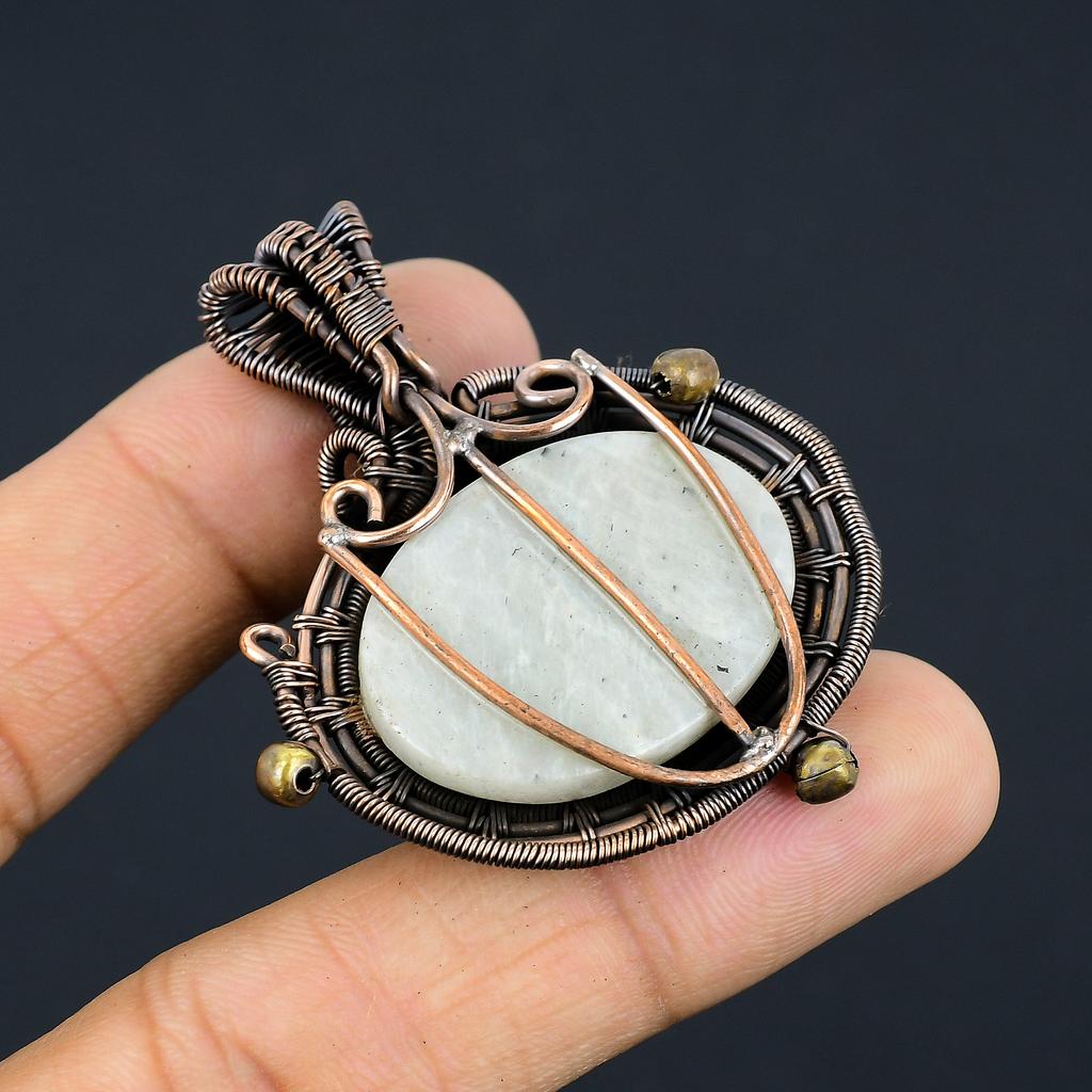 Natural Rainbow Moonstone Gemstone Copper Wire Wrap Gift Pendant 2.17" d8G38