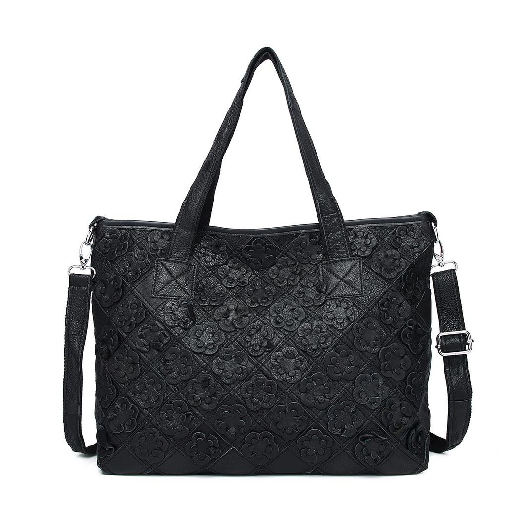 Leather Bag Fashionable Personality Ethnic Style Contrasting Color Splicing First Layer Cowhide Shoulder Tote Bag Women'S Bag