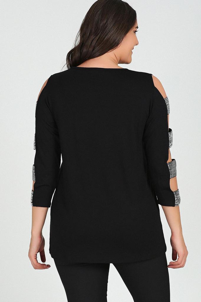 Damen Übergröße Bluse Schwarz Ärmel Silber Bänder Bluse