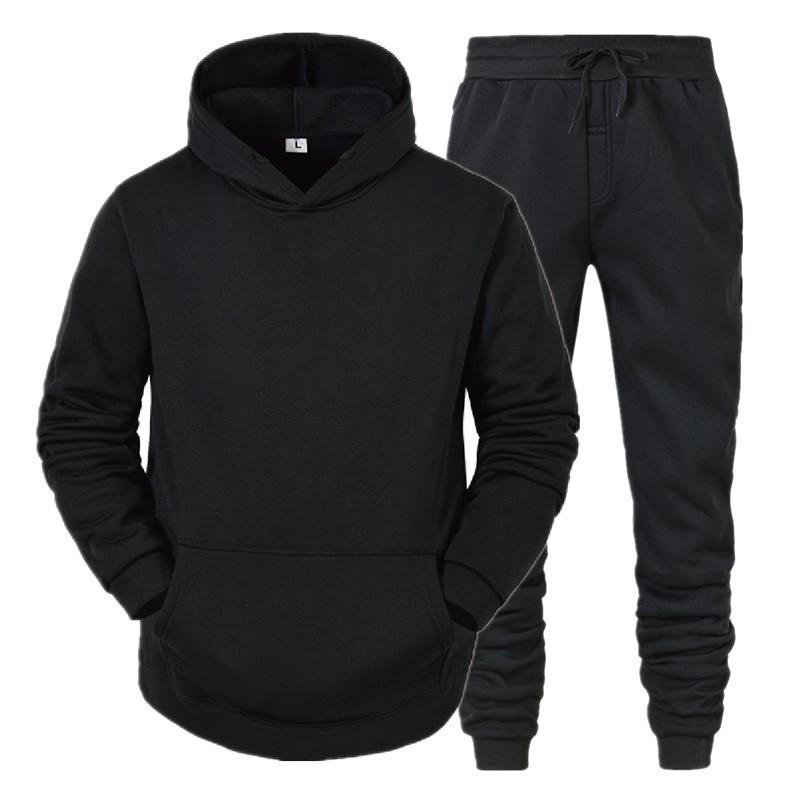 Men s Spring and Autumn Solid Color Suit Hooded Sweater Suit Trend Casual Sports Two-piece Suit S чёрный
