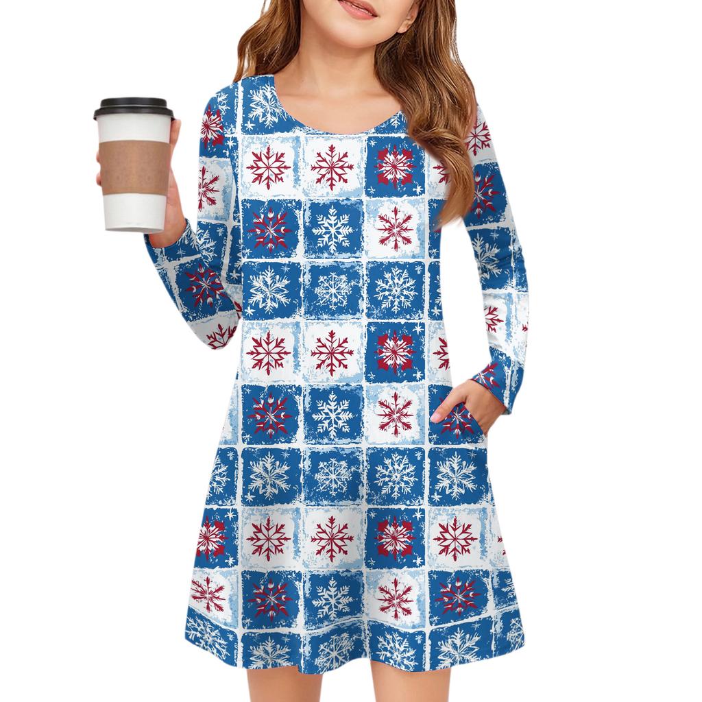 Christmas Day Girls' Long Sleeve Dress - Color Pocket Dress
