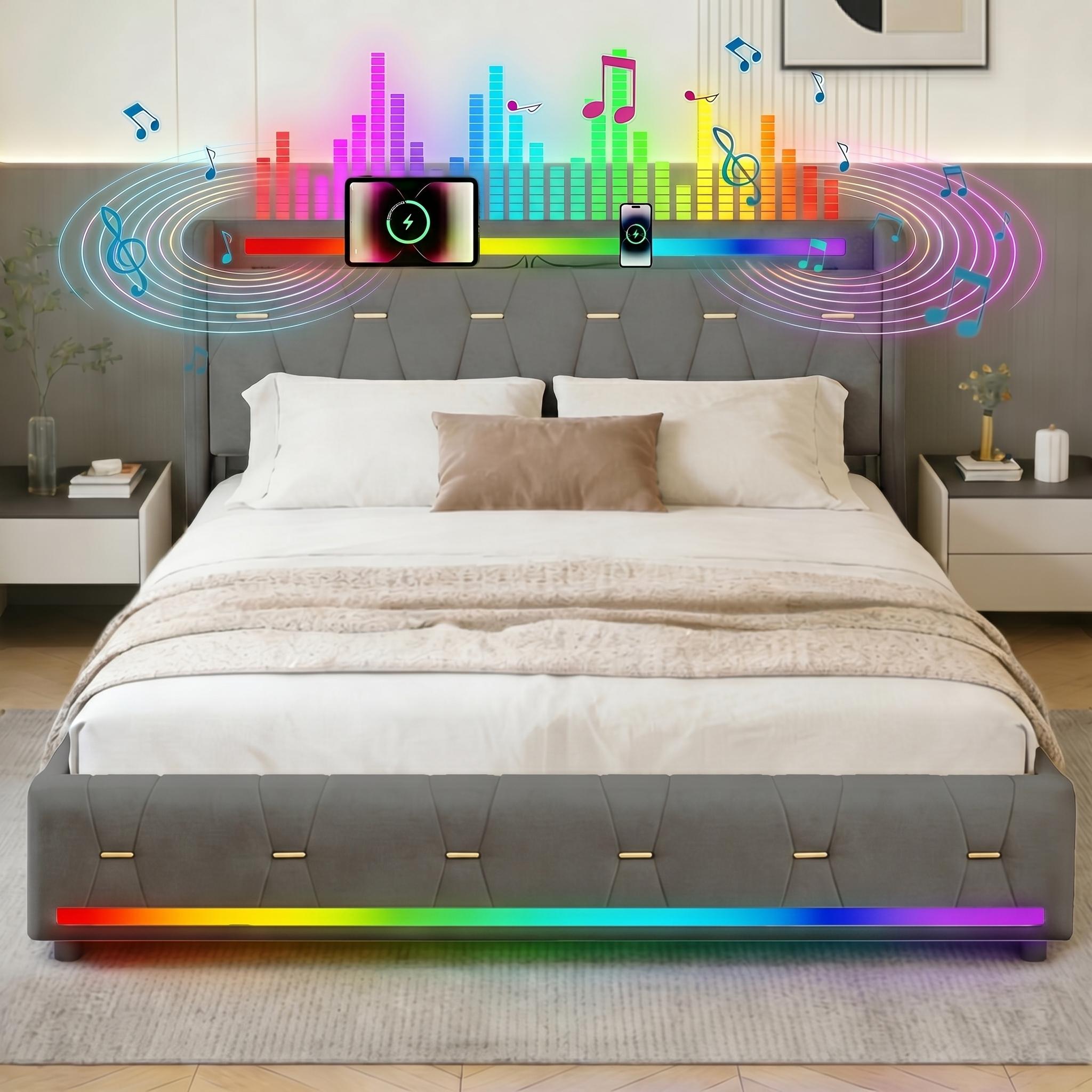 Velvet Bed Frame with Dual Bluetooth
