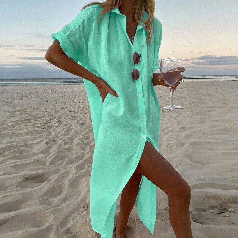 

Fd874 Independent Brand Hot-Selling Women s Clothing 2023 Early Spring New Solid Color Comfortable Casual Bamboo Linen Cardigan Dress Light Green M