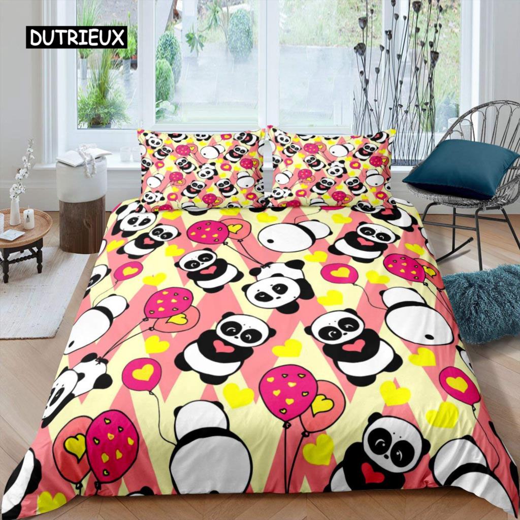 Panda König Komplettes Bettwäscheset Kinder Romantisches Bettwäscheset Cartoon Tier Bettbezug Fahrrad Ballon Libelle Polyester Bettdeckenbezug