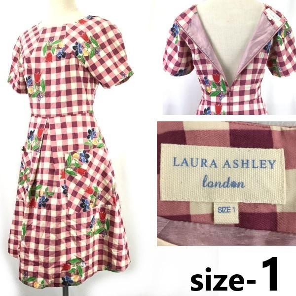 

LAURA ASHLEY Short Sleeve Pink Floral Check Dress Size 1 Ladies Cotton Knee Length Spring/Summer