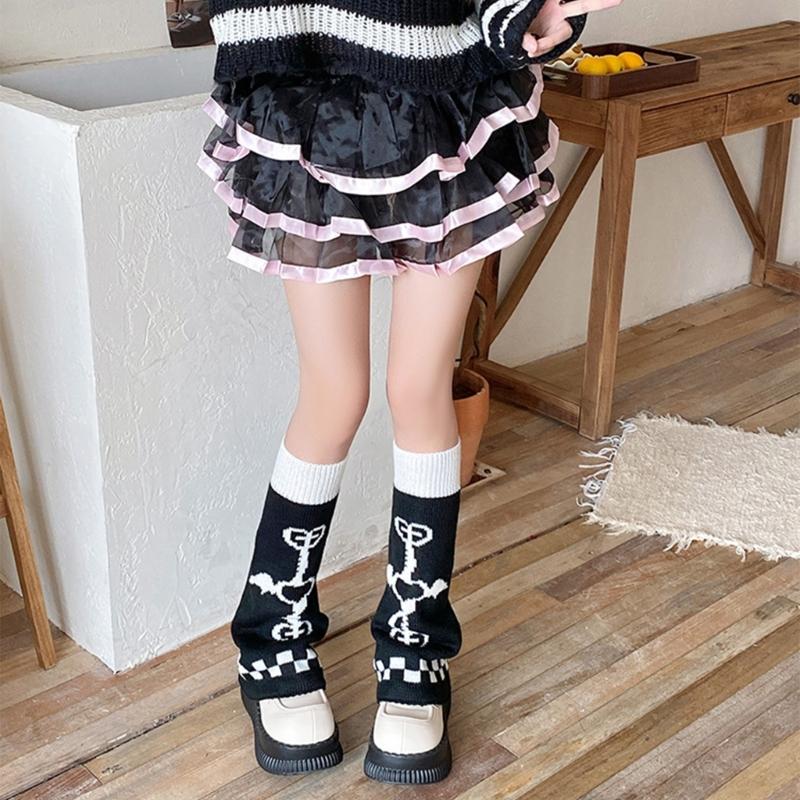 Two Side Wear Heart Flower Pattern Leg Sleeves for Women Aesthetic Knitted Flared Leg Warmers Baggy Footless Long Socks