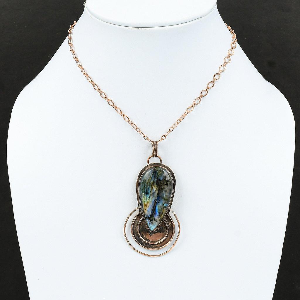 Pandantiv Labradorit Pandantiv Cupru Handmade Pandantiv Piatră Prețioasă Naturală Bijuterii Cupru Oxidat Pandantiv Piatră de Naștere Cadou Pentru Ea Pandantiv Antic