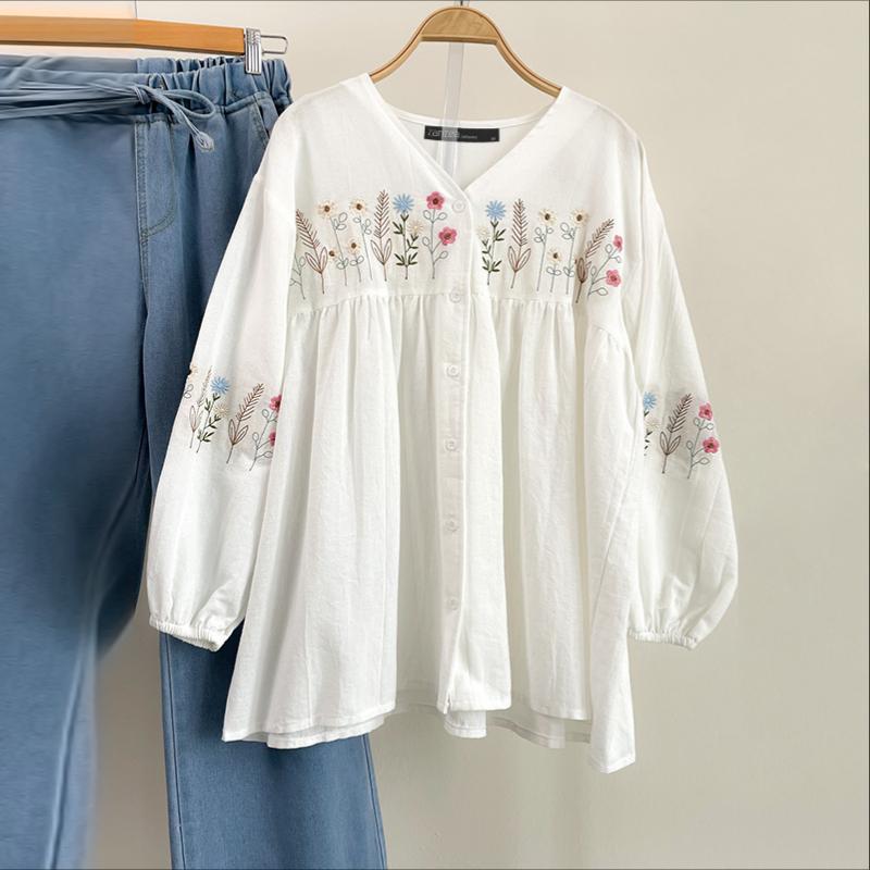 

ZANZEA Женская повседневная блузка с цветочным принтом, V-образным вырезом и длинными рукавами M белый