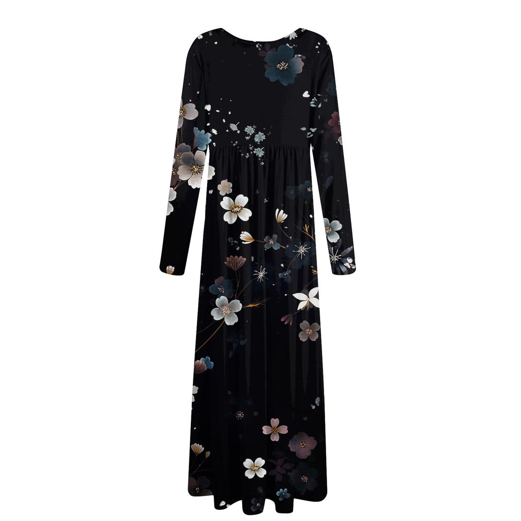Women's Fashion Casual Print Round Neck Long Sleeve Extra Long Dress With Pockets