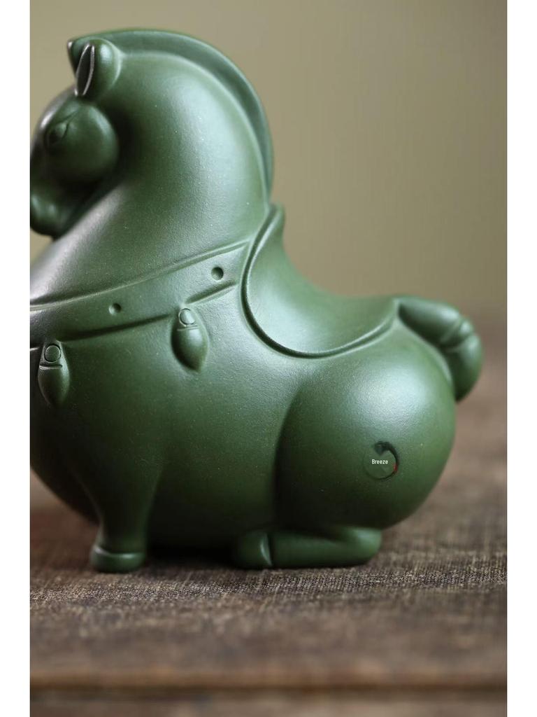 Yixing Zisha Green Horse Tea Pet Ornament for Wealth and Success