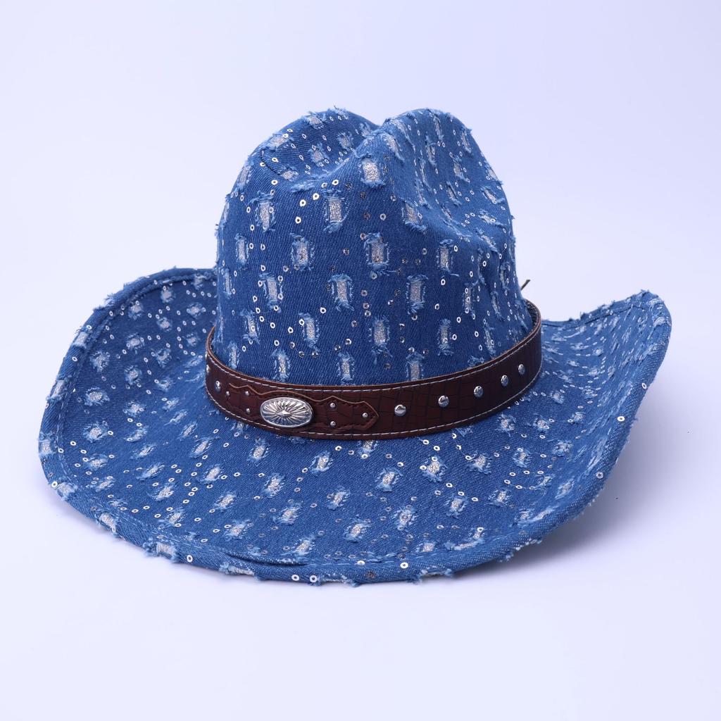 Stylish And High-Quality Old Denim Warped Edge Jazz Hat Can Be Worn In All Seasons, Men'S And Women'S Top Hats, Western Denim Hats