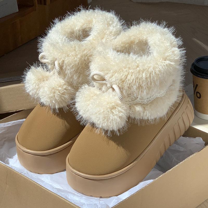 Fashion Women Fashion Snow Boots Warm Faux Fur Winter Platform Shoes Thick Sole Cute Plush Balls Female Indoor Street Short Botas