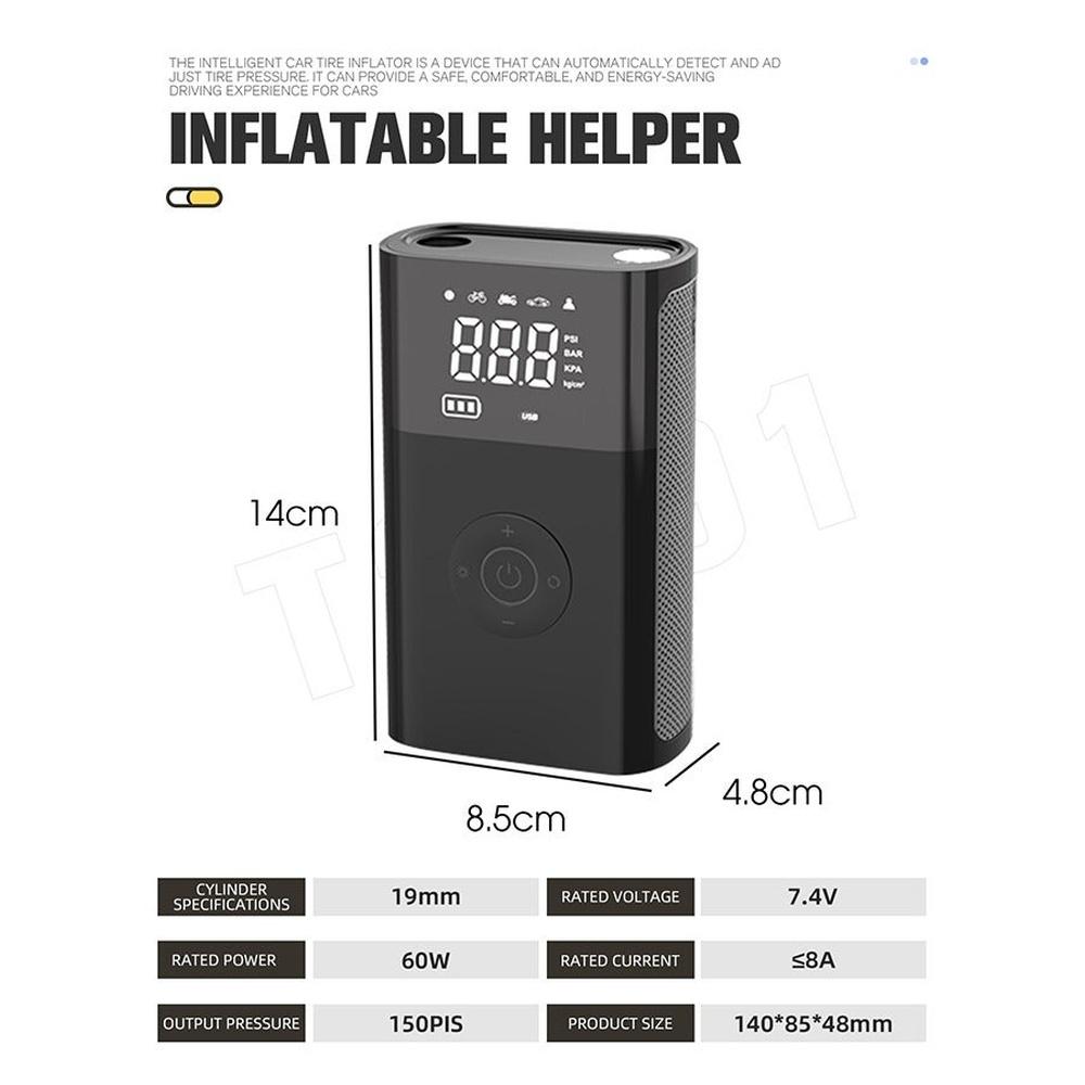 Tyre Inflator Portable Air Compressor 2600mAh×2 Battery Powerful Cordless Air Pump With 5V/2A USB output Digital Display/LED Light 150PSI Compact Tir