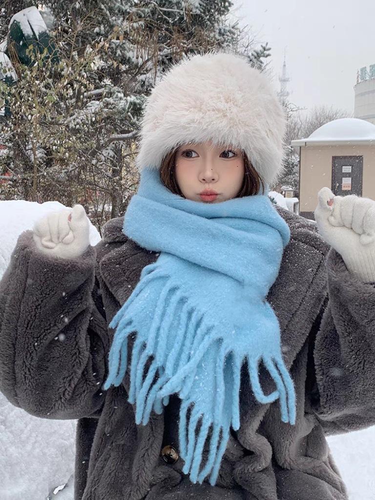 

Однотонный шарф женский зимний сеньорский утолщенный оверсайз длинный атмосферный мохеровый осенне-зимний шарф 200cm*40cm240g небесно-голубой