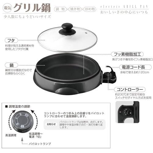 TokyoDeco Electric Grill Pot with Single Plate, Detachable Deep Pot, Serves 1-2 People, 7.5cm Deep Pot, 1000W [Includes Detachable Deep Pot], Stepless