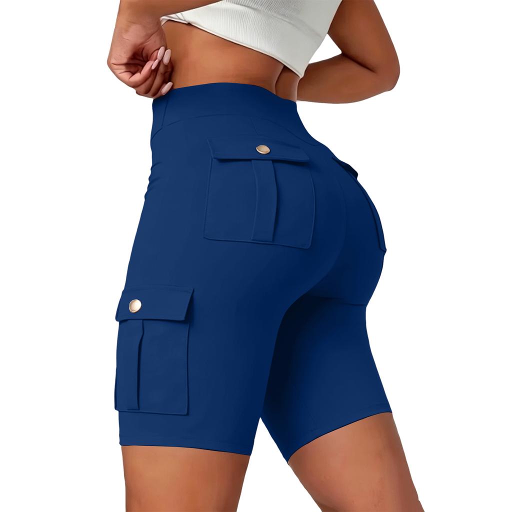 Damen Yoga-Shorts mit Taschen - Atmungsaktive Knopfleiste Hoher Bund Trainingshose