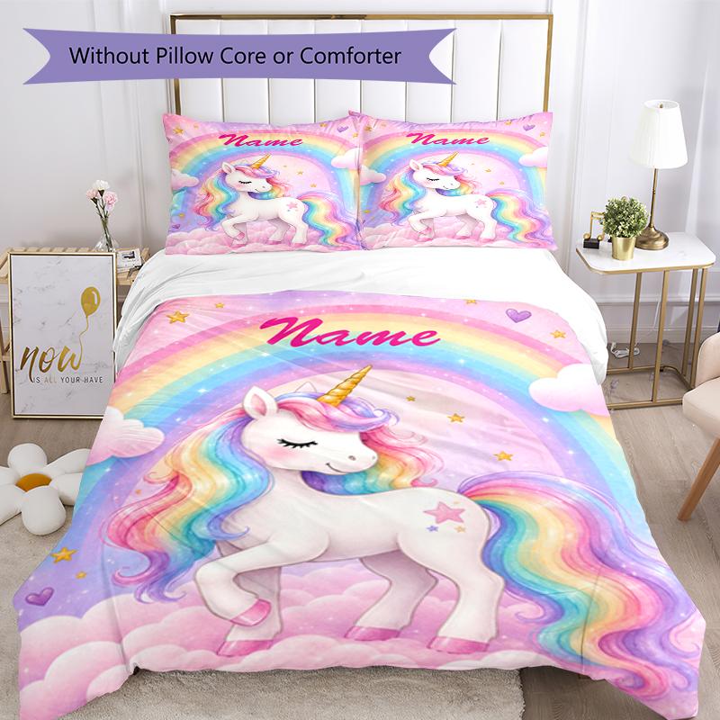 3pcs Custom Name Unicorn Bedding Set Duvet Cover Closure Includes 1 Duvet Cover & 2 Pillowcases, Soft and Comfortable for All Seasons.