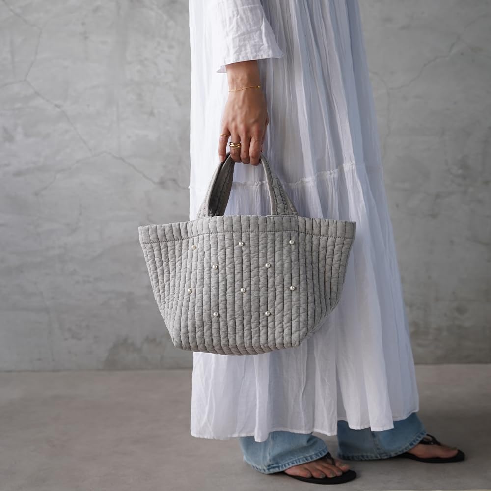 Tokyo Hyakka Tote Seryon Pearl Nubi Bag, Boat-Shaped Tote Bag, Sub-Bag, Mother's Bag, Quilted with Gusset, Lightweight, Hand-Carrying, Adult, Korean