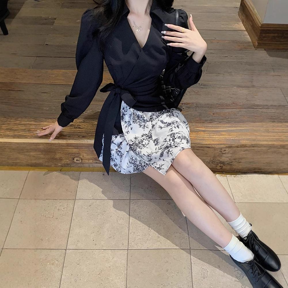 2024 Autumn French Ink Floral Patchwork Slimming Long-Sleeve Dress