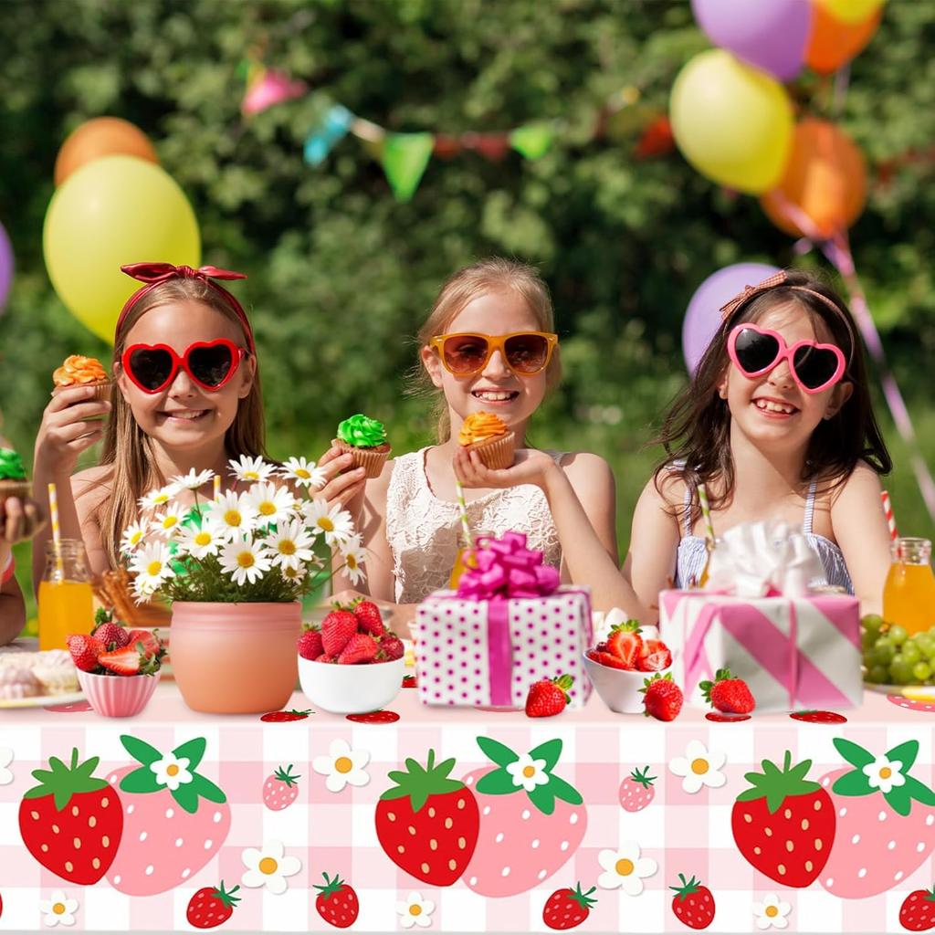 2 Pcs Strawberry Tablecloth, 54 x 108 Inch Pink Plaid Checkered Strawberry Tablecloth, Gingham Berry Sweet One Table Covers for Baby Shower, Berry