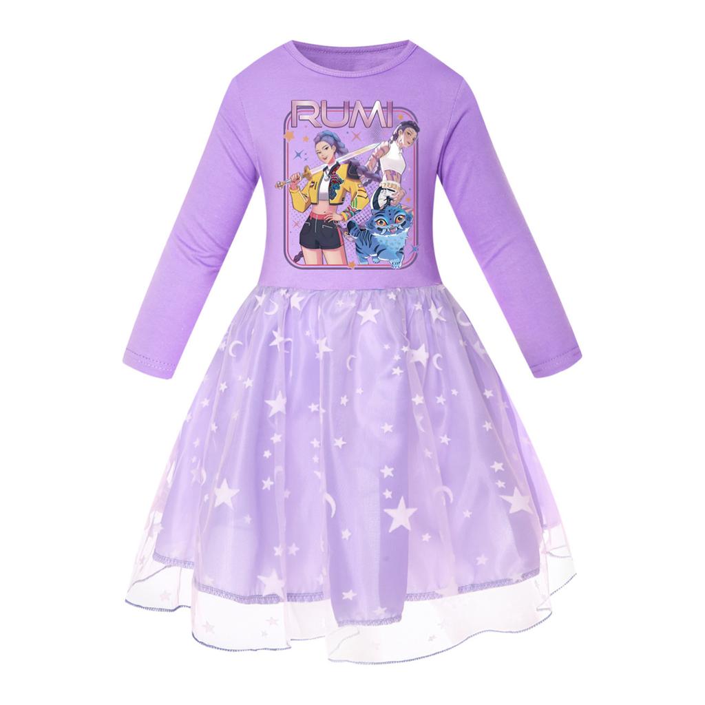Girls' Star-Print Skirt Round-Neck Long-Sleeve Colorful Lace Patchwork Dress