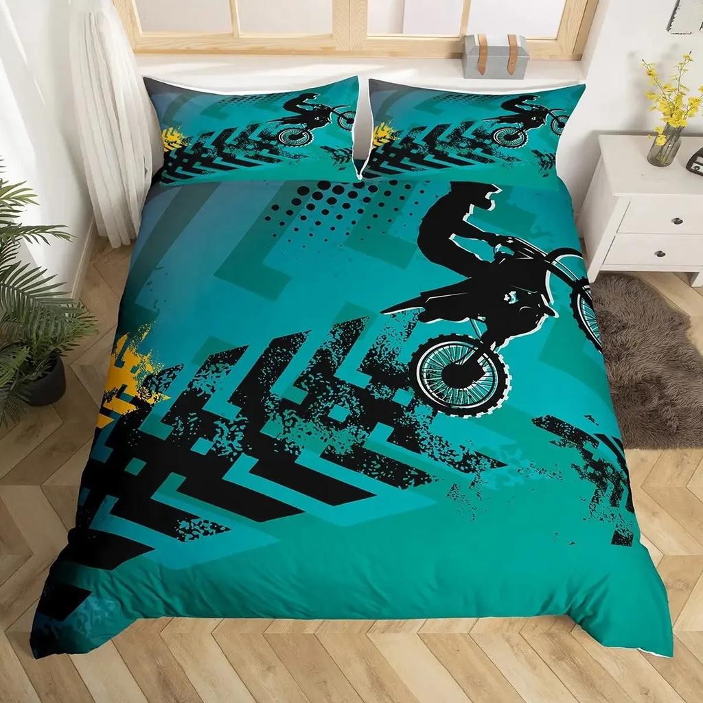 Dirt Bike Duvet Cover Set,Sports Biker Motocross Racing Moves Theme Bedding Sets,Youth Cool Teen Boys Comforter Cover Set