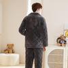 Fen Teng Classic Fleece-Lined Lapel Long Sleeve Pajama Set for Men and Women