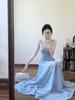 2025 Elegant Summer Blue A-Line Spaghetti Strap Dress for Women - Slimming Waist-Cinched Beach Vacation Style