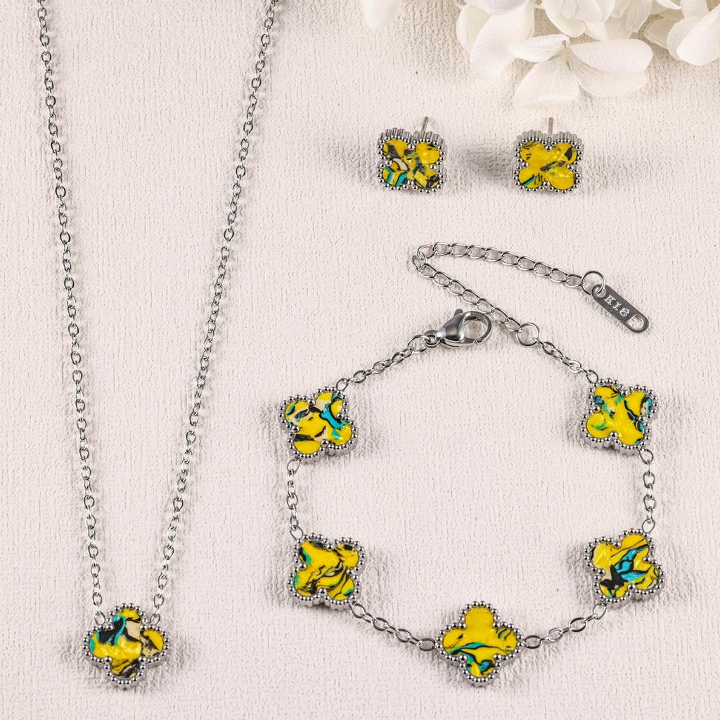 Conjunto de Brincos, Pulseira e Colar de Trevo 3 Peças Acessórios de Moda Coloridos de Luxo Leve