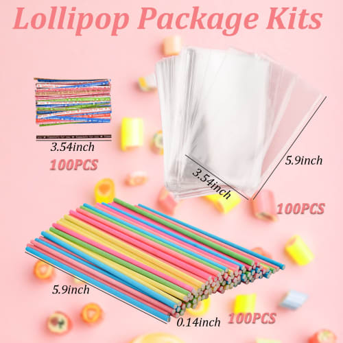 WANDIC Lollipop Cake Pop Kit, 100 Colorful Paper Sticks & 100 Clear Candy Bags & 100 Twist-Tie Cake Pop Sticks and Wrappers for Making Lollipop Candy