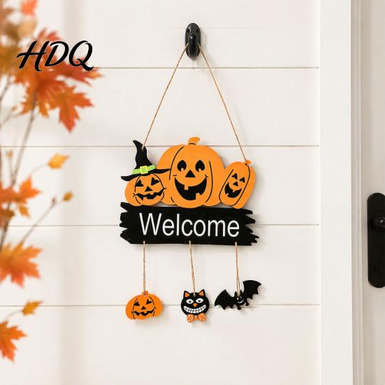 Wooden Wall Decor for Party Halloween Welcome Door Hanging Sign 3D Layered Pumpkin Skull Spider Plaque Ornament Window Front Porch Home Farmhouse