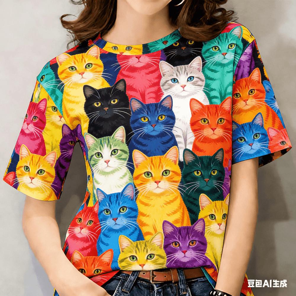 Women s casual T-shirt - short sleeved flower and cat print | streetwear XXS