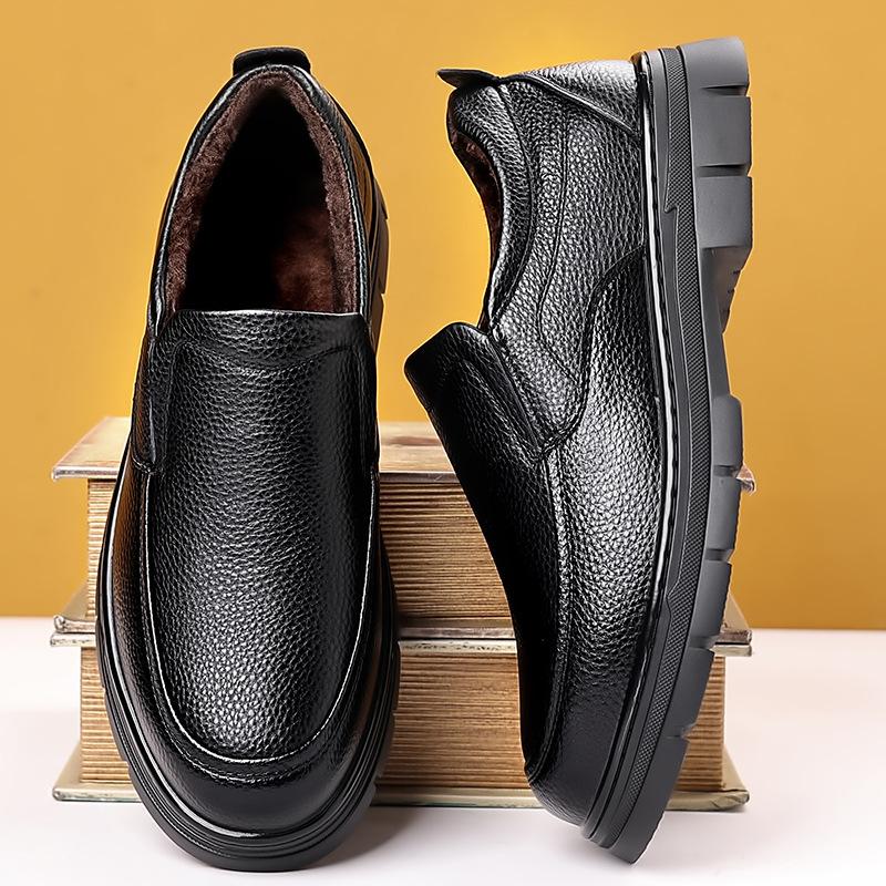 Genuine leather men's shoes first layer cowhide men's fleece thickened non-slip leather shoes men's