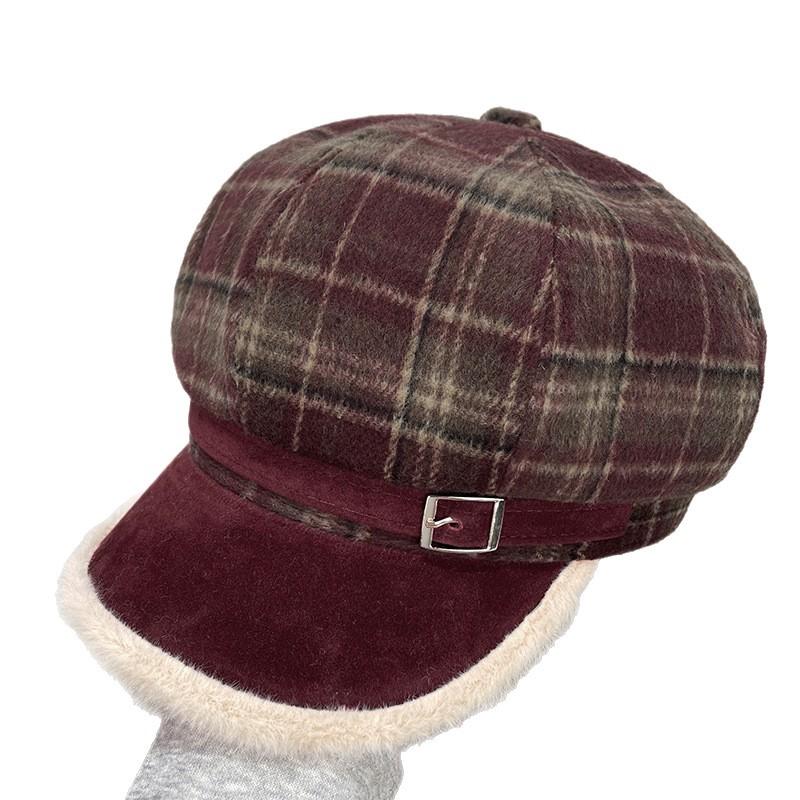 Retro Plaid Fur Edged Octagonal Hat for Women in Winter  Versatile Face showing Little Painter Newsboy Hat Woolen Warm Beret