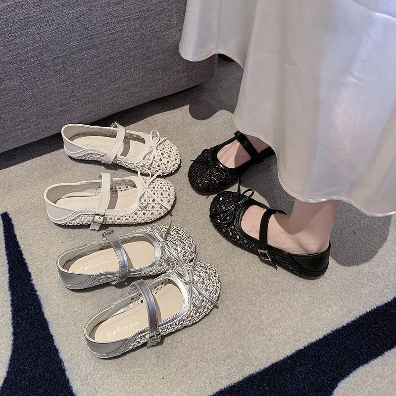 Woven Hollowed-out Word Belt Mary Jane Single Shoes Women's Summer Flat-bottomed Breathable Two Wear Bow-tie Ballet Sandals
