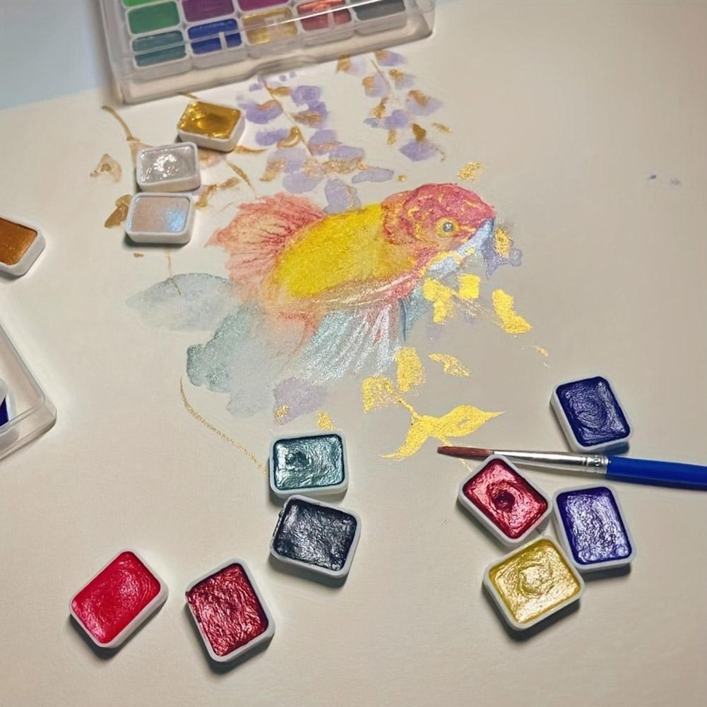 20 Barev Perleťová Pevná Akvarelová Malířská Sada Přenosná Krabička Lesklé Kovové Malířské Potřeby Paleta Pigmentů Kreslící Nástroje