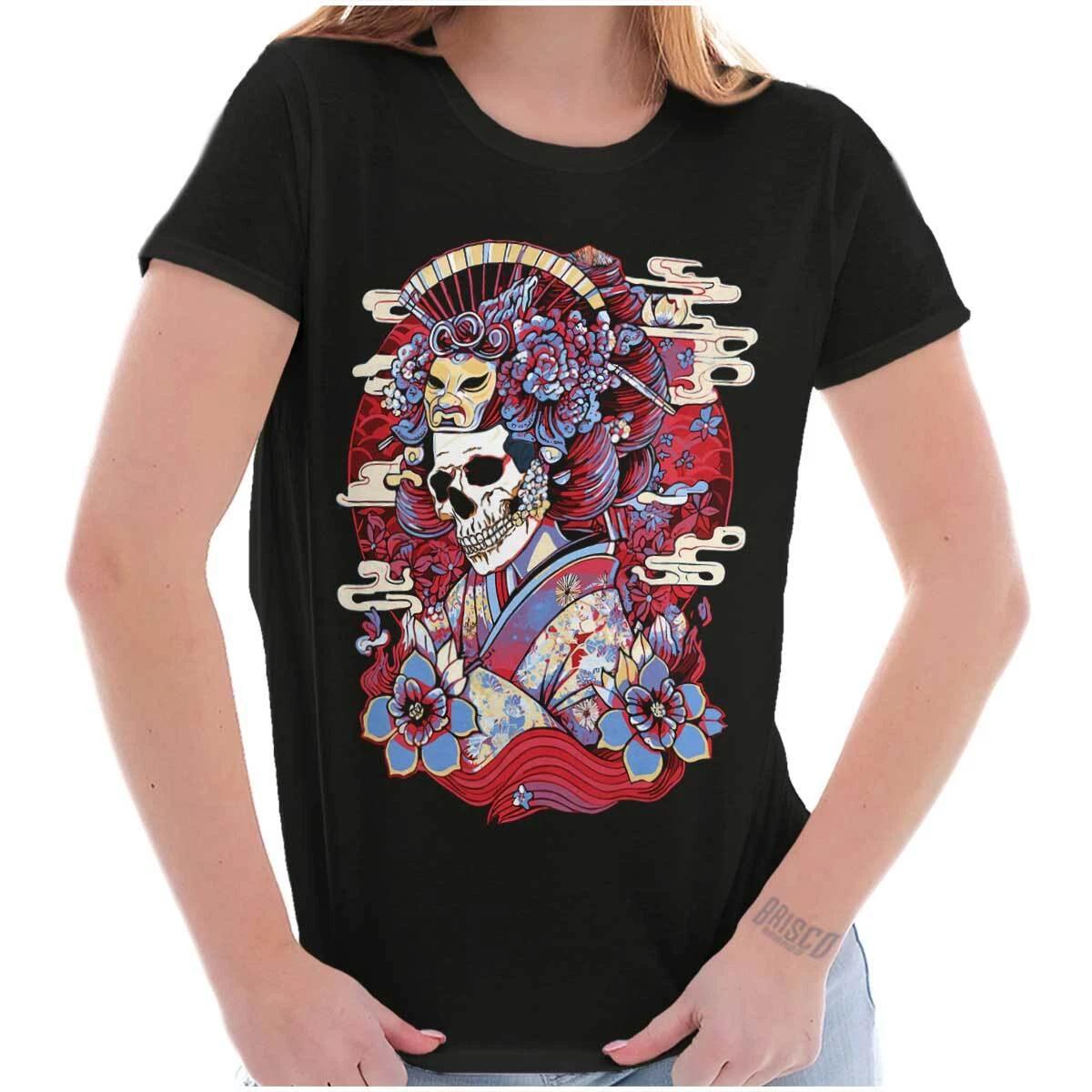 Traditional Skeleton Bone Geisha Flower Mask Graphic T Shirts for Women T-Shirts M