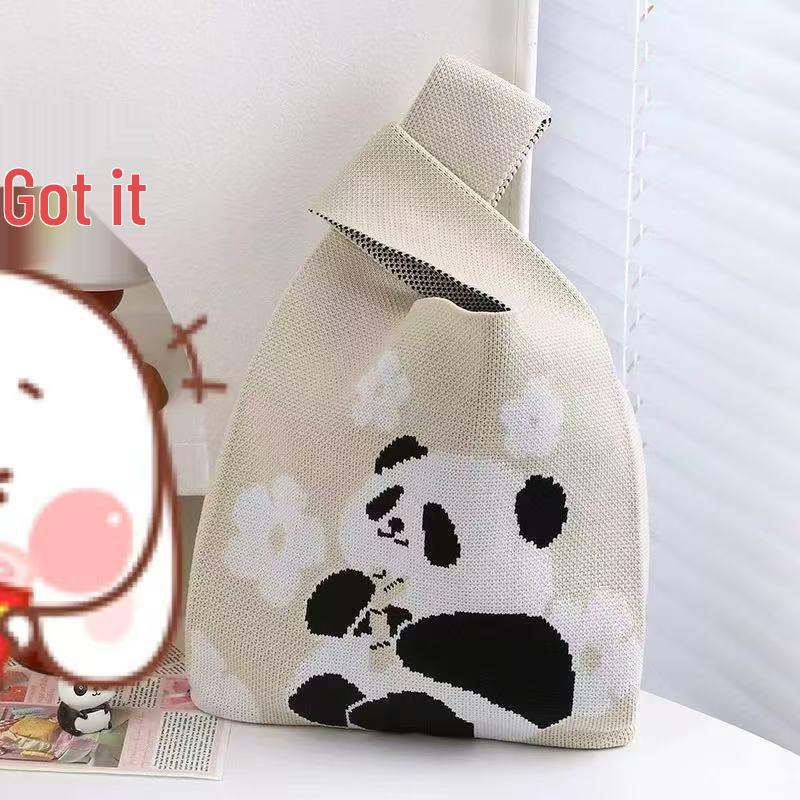 Handmade Cute Panda Knitted Tote - Versatile Women's Woven Handbag