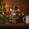 Cute Cattle Desk Ornaments Christmas Highland Cow Figurine, Resin Holiday Statue with Santa Hat & Holly Theme Decor Gift Box, Sitting Calf Desktop