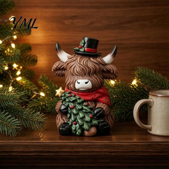 Cute Cattle Desk Ornaments Christmas Highland Cow Figurine, Resin Holiday Statue with Santa Hat & Holly Theme Decor Gift Box, Sitting Calf Desktop