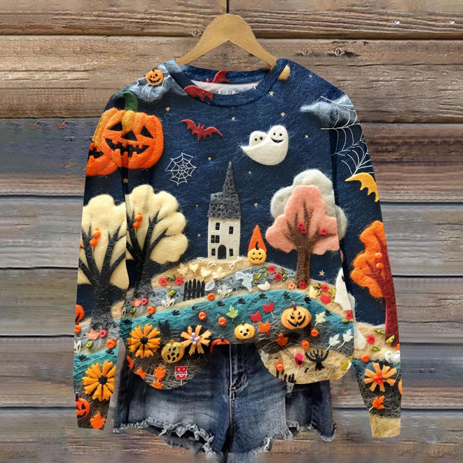 

Женская мода Повседневная толстовка с круглым вырезом и длинным рукавом на Хэллоуин с 3D-моделированием и принтом S