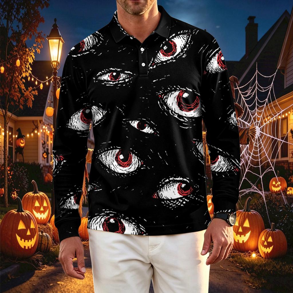Herren Schnelltrocknendes Mesh Langarm Golfshirt mit Halloween-Print für Freizeitkleidung
