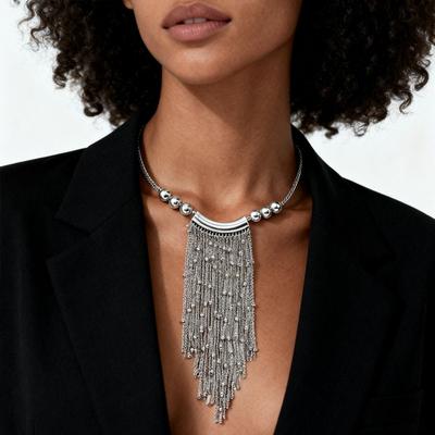 Alloy Handmade Bead Necklace Tassel Pendan Multi-Layer Retro Geometric Collarbone Chain Exaggerated Personality Long Necklace